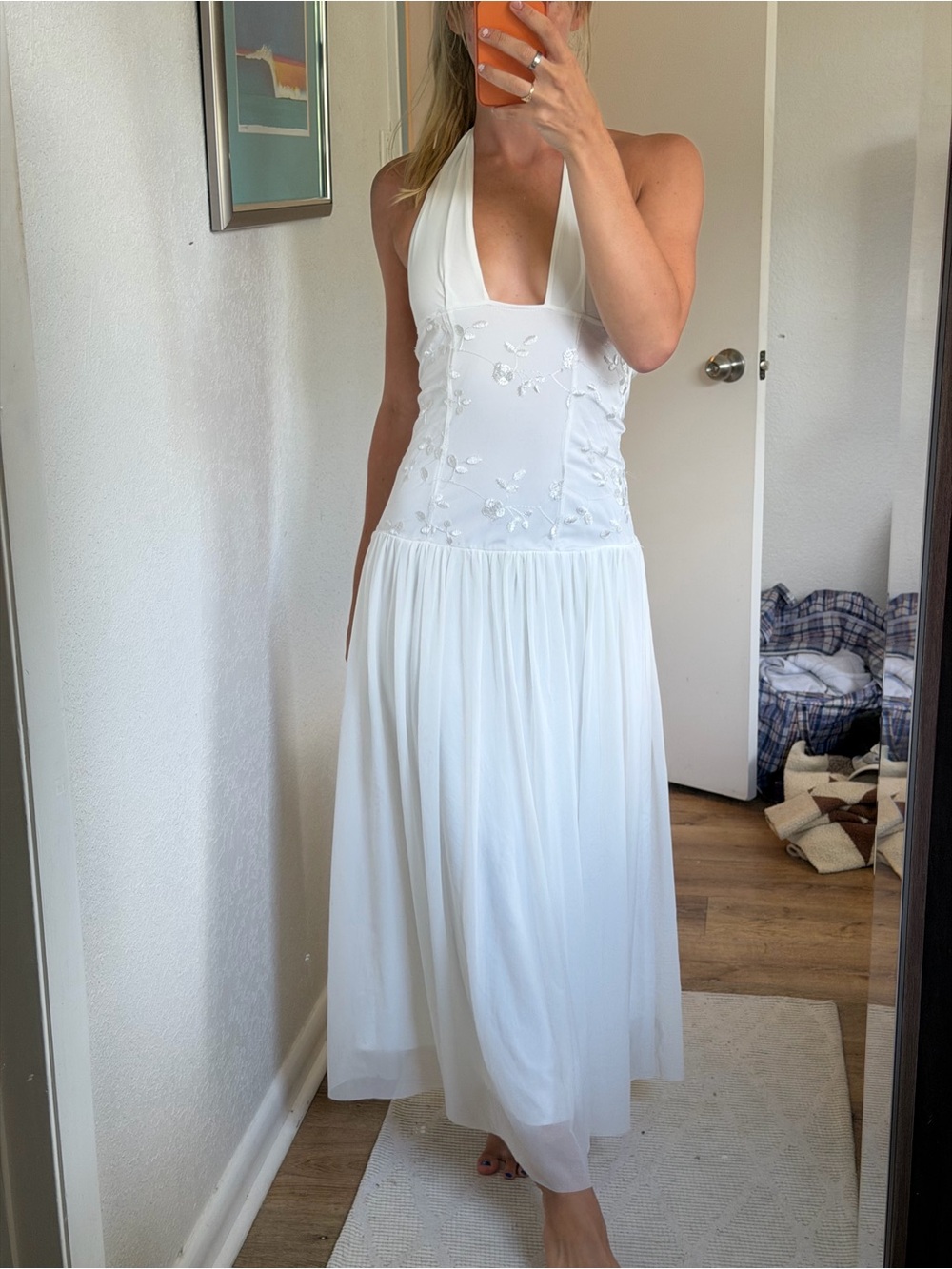 Drop waist lace White Halter Maxi Dress with Embroidered Bodice BRIDAL - Picture 6 of 7